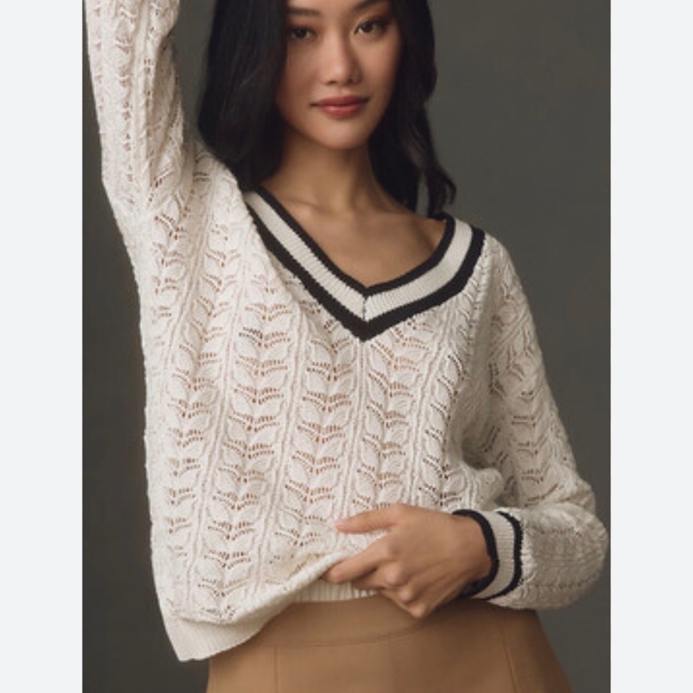 NWT Anthropologie Flat White V-Neck Pointelle Sweater - size M